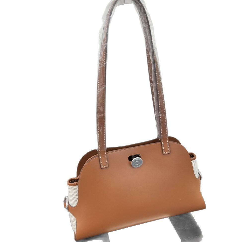 New First-layer Cowhide Splicing Canvas Tote Bag Shell Bag Retro Underarm Bag Shoulder Handbag Women