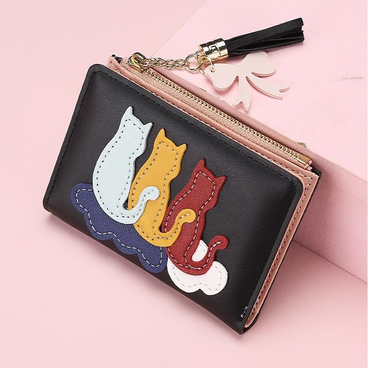 Women’s Cute Cat Pattern Short Wallet PU Leather Bifold Wallet Zipper Coin Purse Card Holder Tassel Mini Wallet for Girls and Ladies