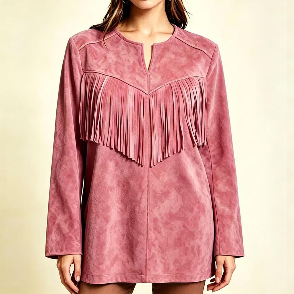 Women's Color Tassel Lapel Collar Long Sleeve Loose Fit Mid-Length Tunic Top