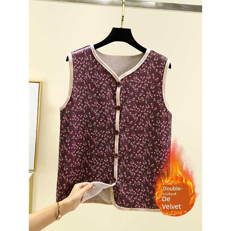 and Winter Dralon Floral Vest Women Double-sided Fleece Lined Sanded Placket Waistcoat Plus size Middle-Aged and Elderly Outdoor Cold-Proof Vest