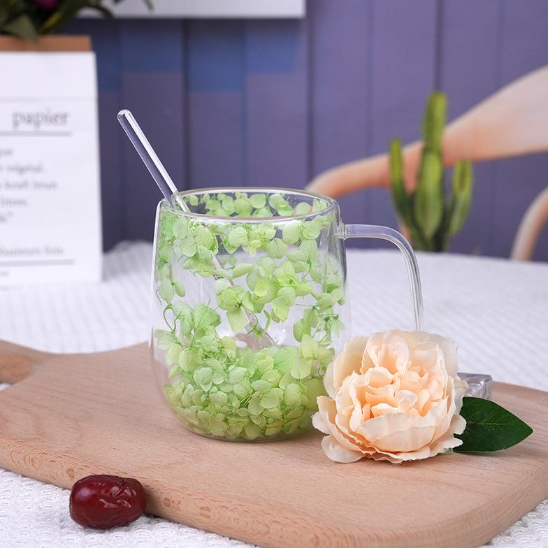 Luxury Double-Layer Glass Cup with Real Flowers and Quicksand Design