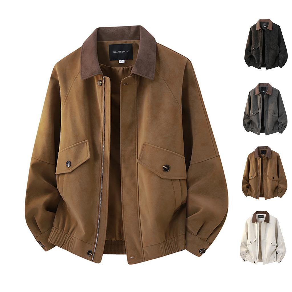 Men's Color Leather Jacket with Lapel Collar Retro Loose Fit Plus Size Outerwear for Spring Fall
