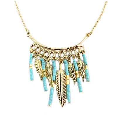 [Q6245] - Handgefertigte 'Boho' Halskette türkis goldfarben (Federn) - 40x35 mm