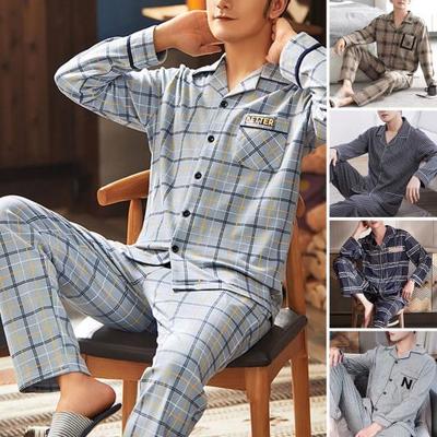 2 Pcs/Set Men Fall Winter Pajamas Set Striped Turn-down Collar Color Matching Single-breasted Loose Wide Leg Elastic Waist Homewear Shirt Trousers