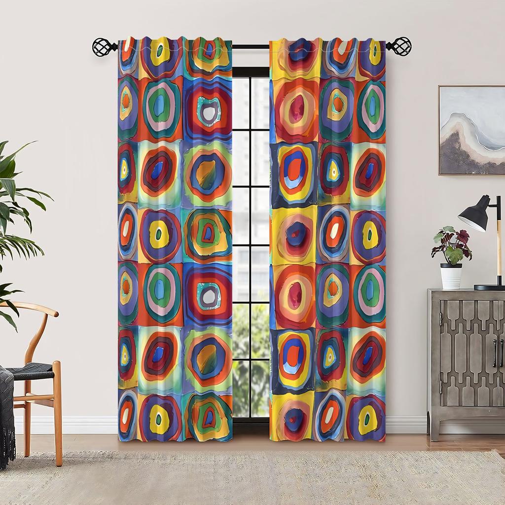 2 Panele 2 Szt. Zasłony Wassily Kandinsky Bauhaus - Nowoczesne Zasłony Okienne z Koncentrycznymi Kołami i Kwadratami - Bezprzewodowe