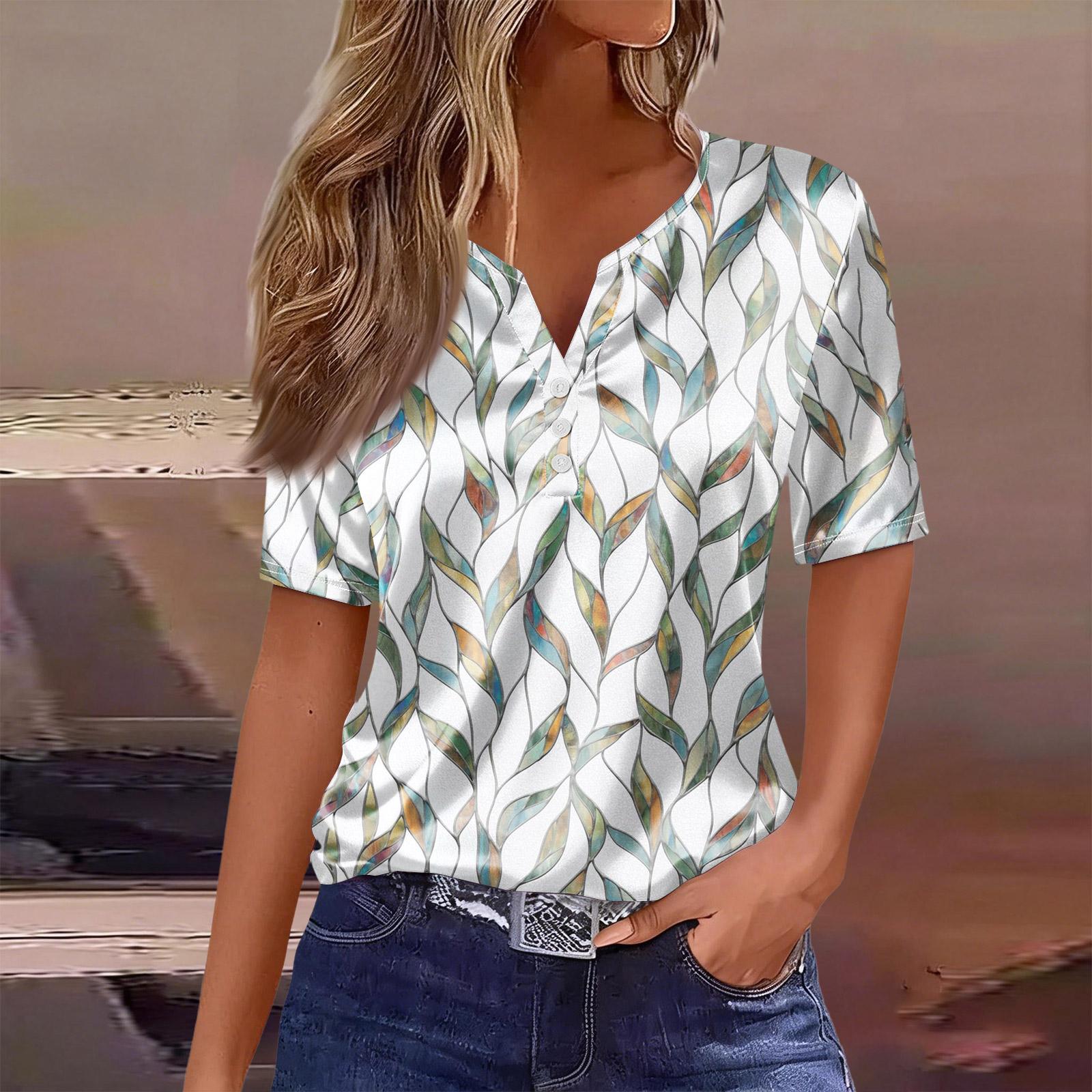 

Women s Fashion Casual Retro Print Collar Short Sleeve Button T-Shirt Top M хакі