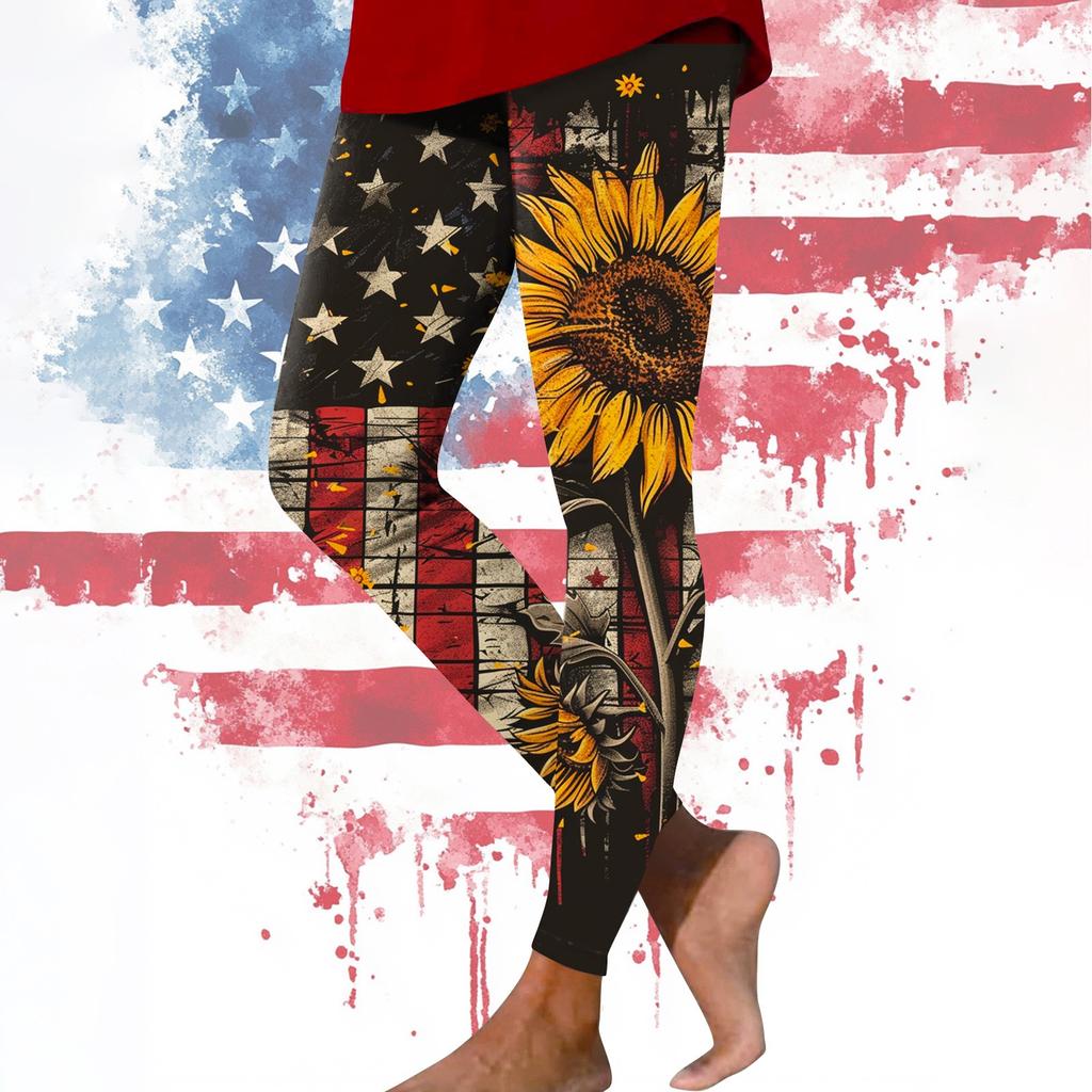 Damen Casual Fashion Outdoor Unabhängigkeitstag Bedruckte Slim Elastische Yogahose Cropped Hose