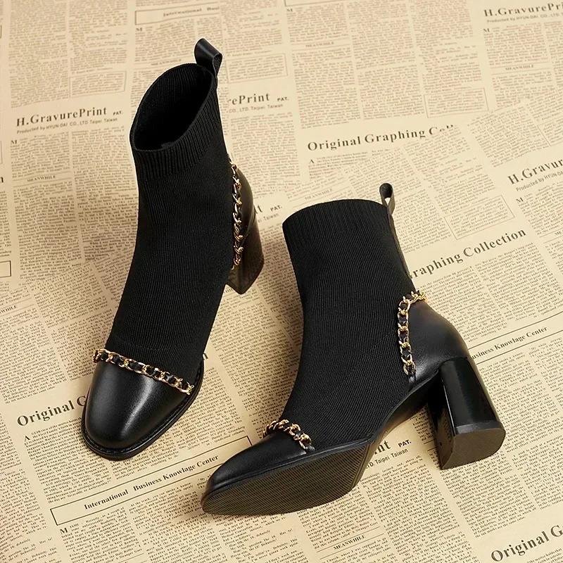 Fashion Autumn Women Knit Ankle Boots Fashion Slip On Slimming Short Booties Autumn Winter Female Thick Heel Shoes