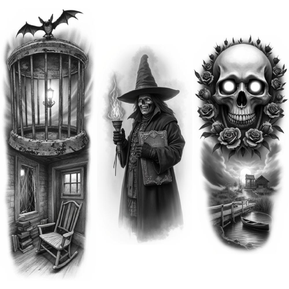 3pcs Temporary Tattoo Waterproof Long-lasting Body Stickers Caged Bat Pocket Watch Witch Illustration For Thighs Women Arms