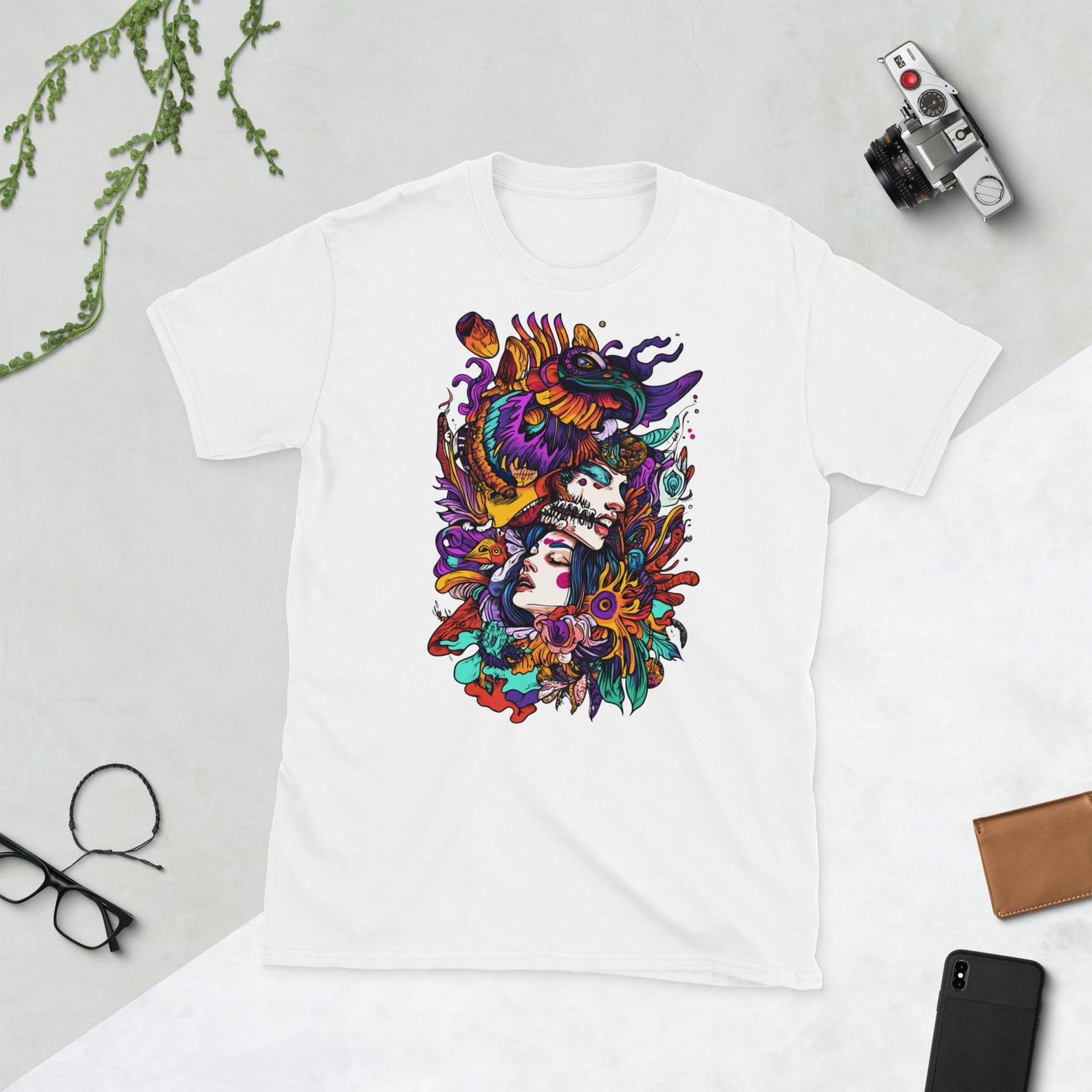 Unisex Artistic Graphic Tee – Vibrant Nature & Fantasy Design – Bold Short-Sleeve T-Shirt 4XL