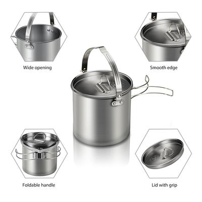5PCS Edelstahl Wasserkocher mit 2 Tassen 2 Schalen Faltbare Griffe Deckel Große Kapazität Tragbare Tee