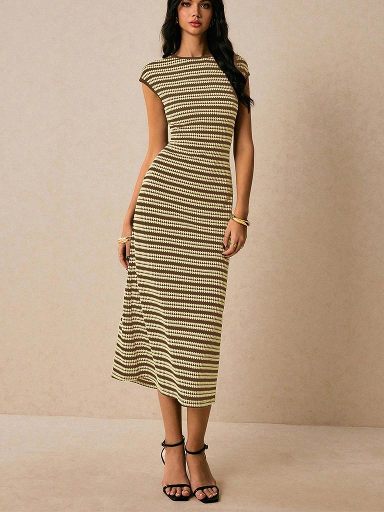 Striped Knit Dress - Imported Sleeveless Slim Fit One-Piece Midi Dress for Women