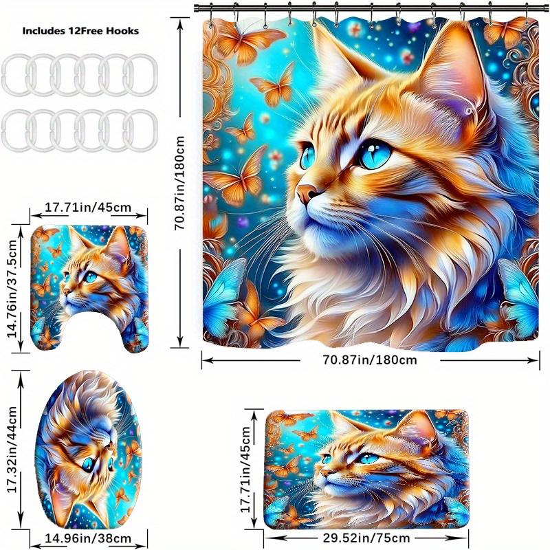 4Pcs Dreamy Cat Shower Curtain Set with Non-Slip Bath Mat, Toilet Lid Cover, Contour Rug & 12 Hooks, Bathroom Decor