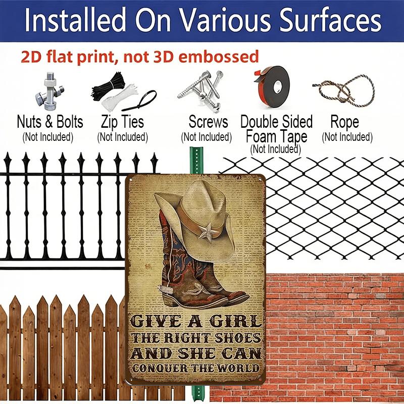 2D Flach, 1 Stück Vintage Western Cowgirl Metall Wanddeko mit inspirierendem Zitat „The Right Shoes for Girls“ - Aluminiumschild geeignet für Bauernhaus