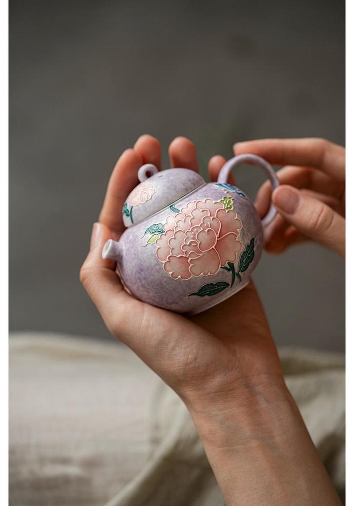 Hand-painted Peony Ceramic Tea Set: Purple Smoke Teapot, Lid Bowl, Master Cup, Tasting Cup, Pot Stand, Cup Mat, Coffee Cup