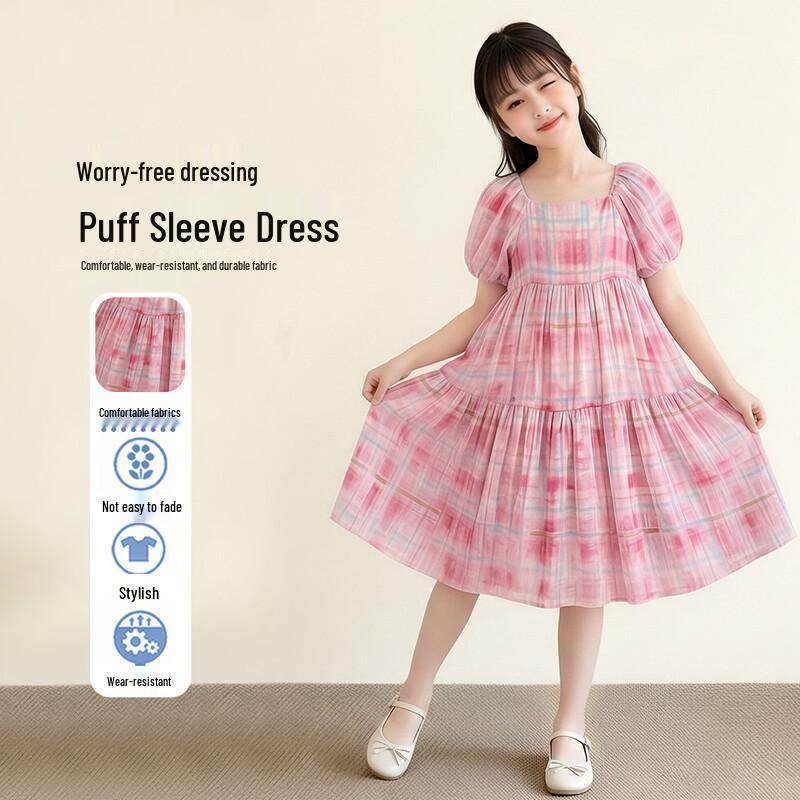 Frog Prince Girls  Pink Plaid Summer Bubble Sleeve Long Dress 170