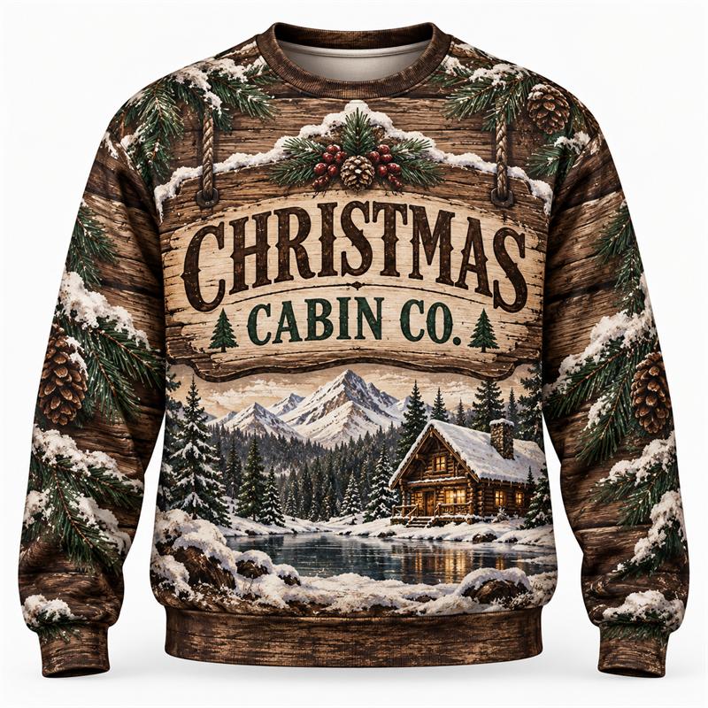 Men's Ugly Christmas Sweater Mountain Deer Cabin Nordic Snowflake Print Crewneck Long Sleeve Holiday Party Pullover Sweatshirt
