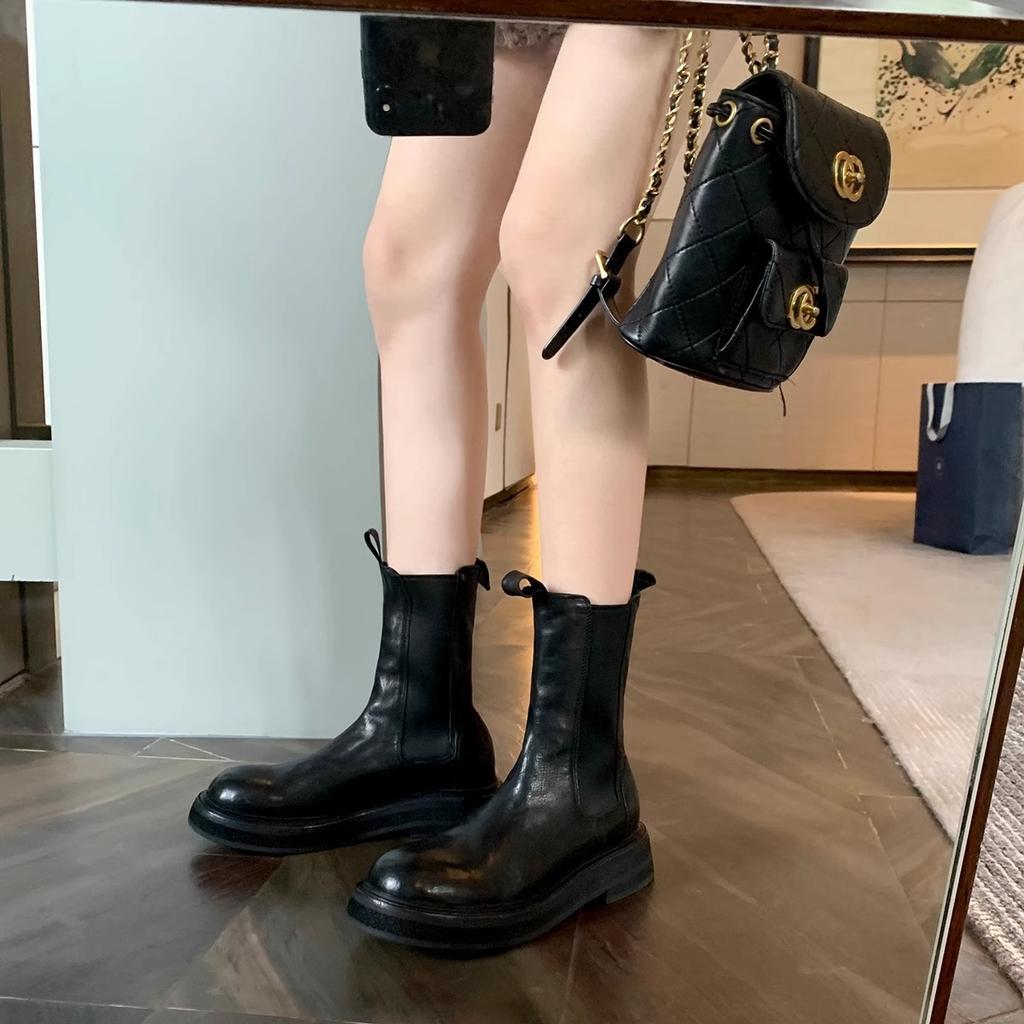 Second Hair! Grape Mother Same Shoes Shrink Pattern Washed Horse Leather Thick-soled Medium Tube Chimney Chelsea Short Boots Women's Autumn