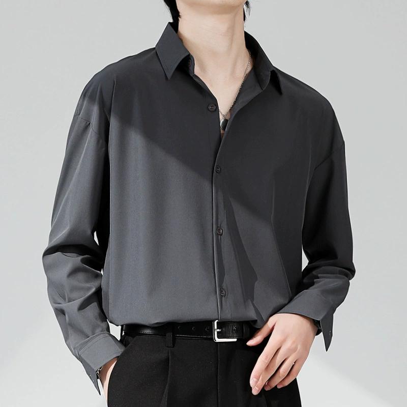 Men's Summer Solid Color Simple Ice Silk Long Sleeve Shirt Loose Draped Handsome Casual Tops