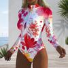 Women Plus Size Long Sleeve High Neck Half Zip Floral Print One Piece Swimsuit
