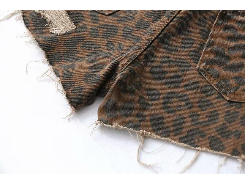 Women's Summer High Waist Leopard Print Ripped Denim Shorts