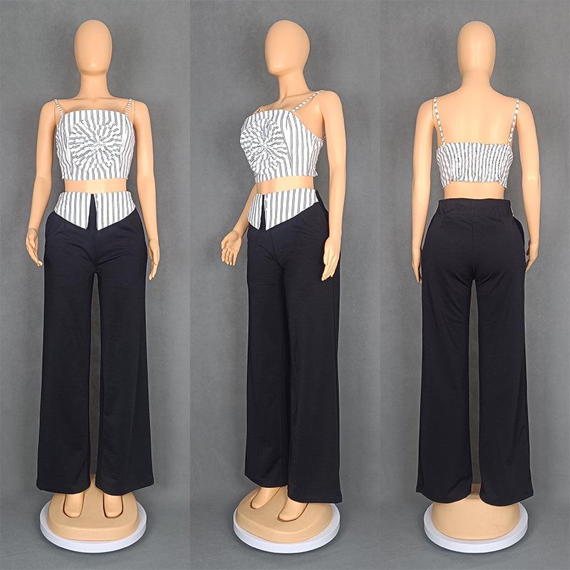 European-American Design Women's Striped Floral Tube Top & Straight-Leg Pants Set