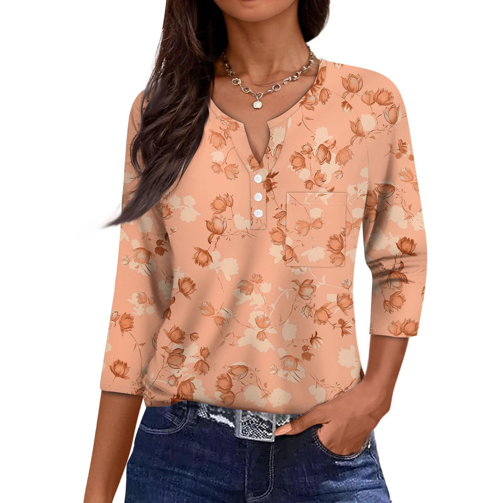 

Ladies Casual Fashion V-neck Loose Versatile Floral Print Three-quarter Sleeves M шафрановий
