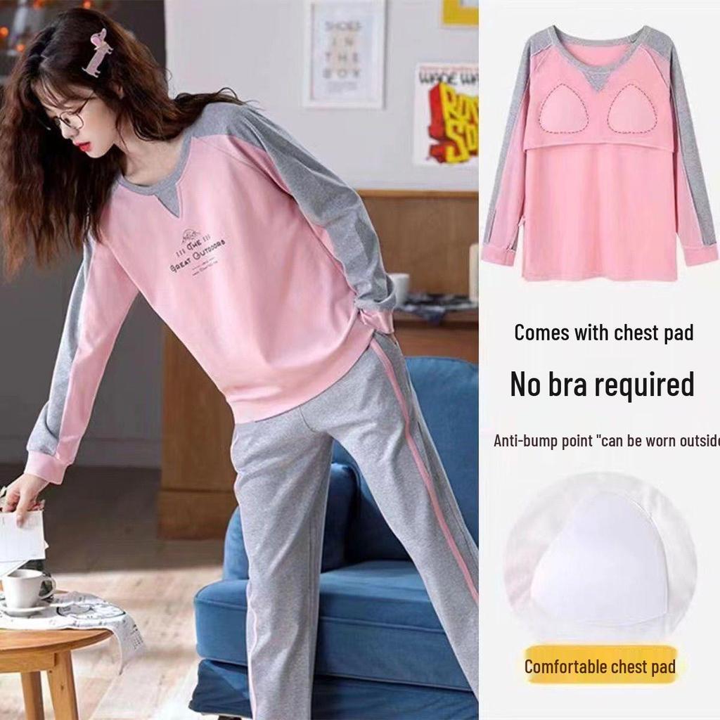 Damen Langarm Pyjama Set mit Brustpolstern - Übergröße, Freizeitkleidung für Zuhause oder Draußen