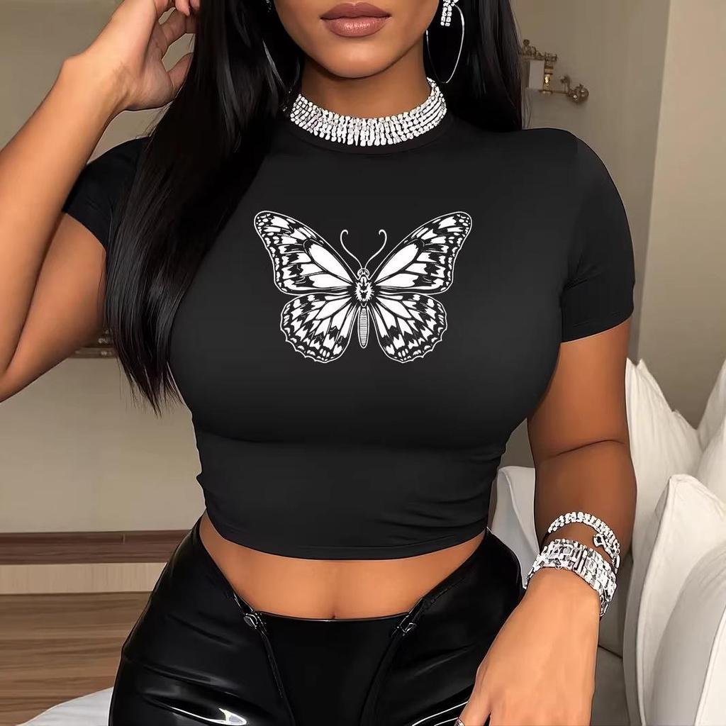 European & American Style Butterfly Print Black Cropped T-shirt - Women's Slim Waist Round Neck Top