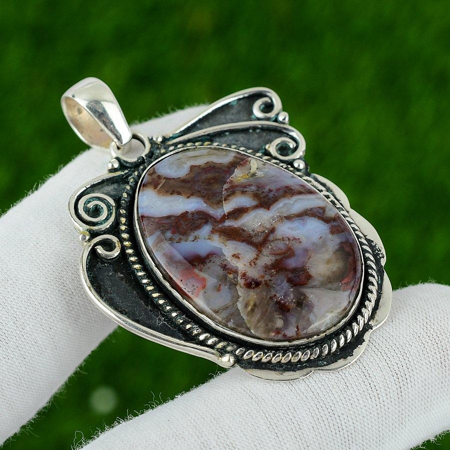 

925 Silver Oval Rainbow Jasper Gemstone Wife Bezel Art Deco Elegant New Pendant