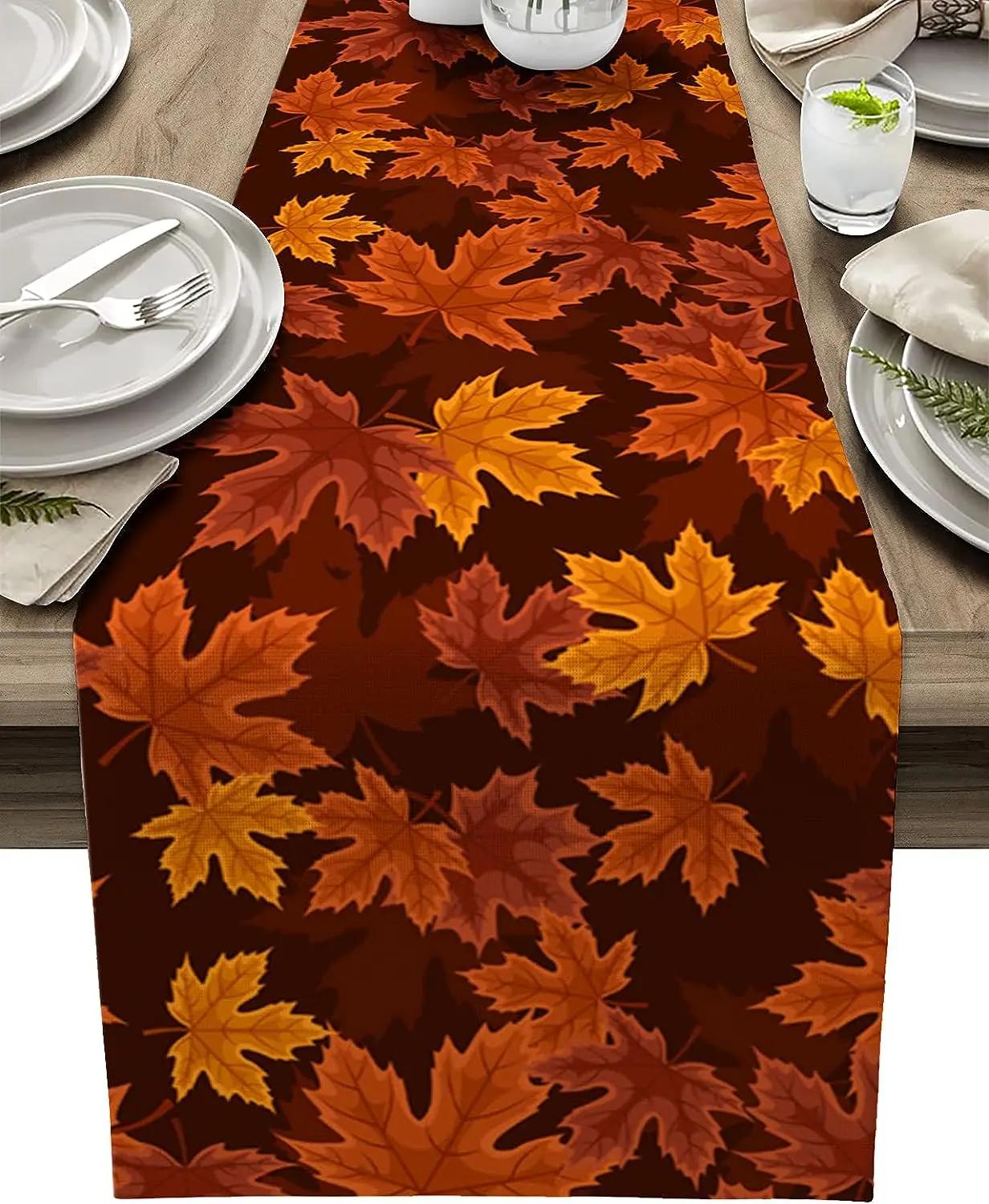 Herbst-Ahornblatt Leinen Tischläufer Feiertagsparty Dekoration Waschbar Küche Esstischläufer Herbst Thanksgiving Dekorationen 150x33cm orange