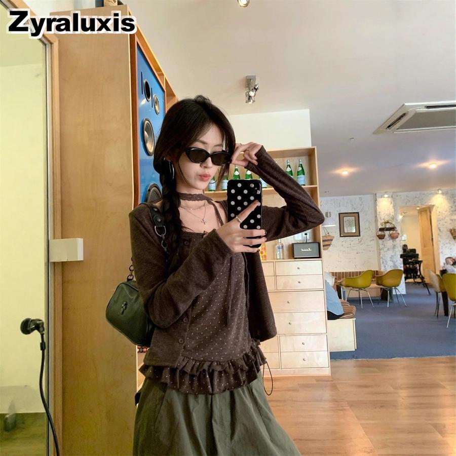 Pure Desire Style Temperament Fashion Set Women Autumn Gentle Wind Long Sleeve Cardigan Ruffled Edge Polka Dot Camisole Top