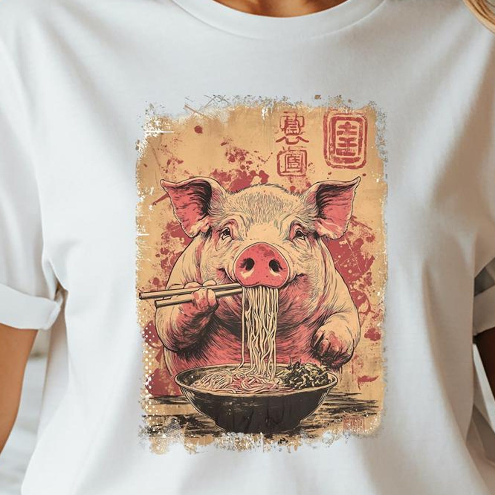 Vintage Pig Ramen T-Shirt, Japanese Noodle Lover Tee, Retro Asian Food Graphic 2XL