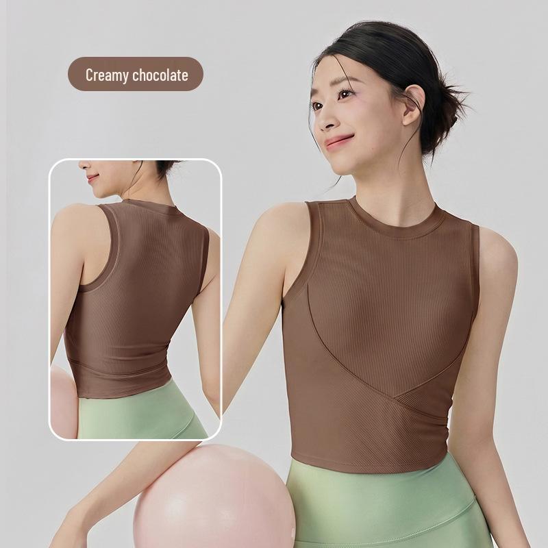 

Women s Ribbed Cut-out Waist Yoga Top with Chest Pads - High Elastic, Sleeveless, and Tight-fitting. L