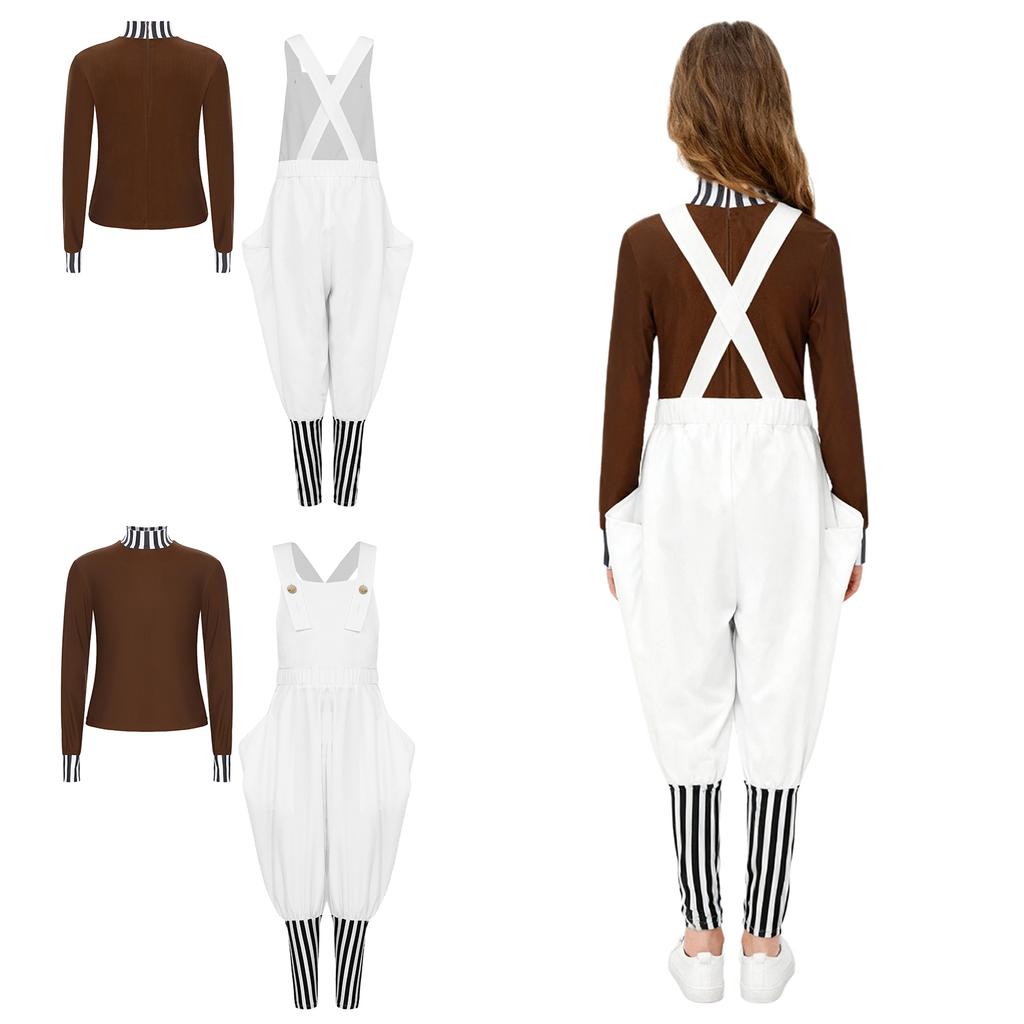 Kids Boys 2Pcs Factory Worker Cosplay Costume Mock Neck Long Sleeves Back Invisible Zipper Top and Back Cross Shoulder Strap Overalls Pants