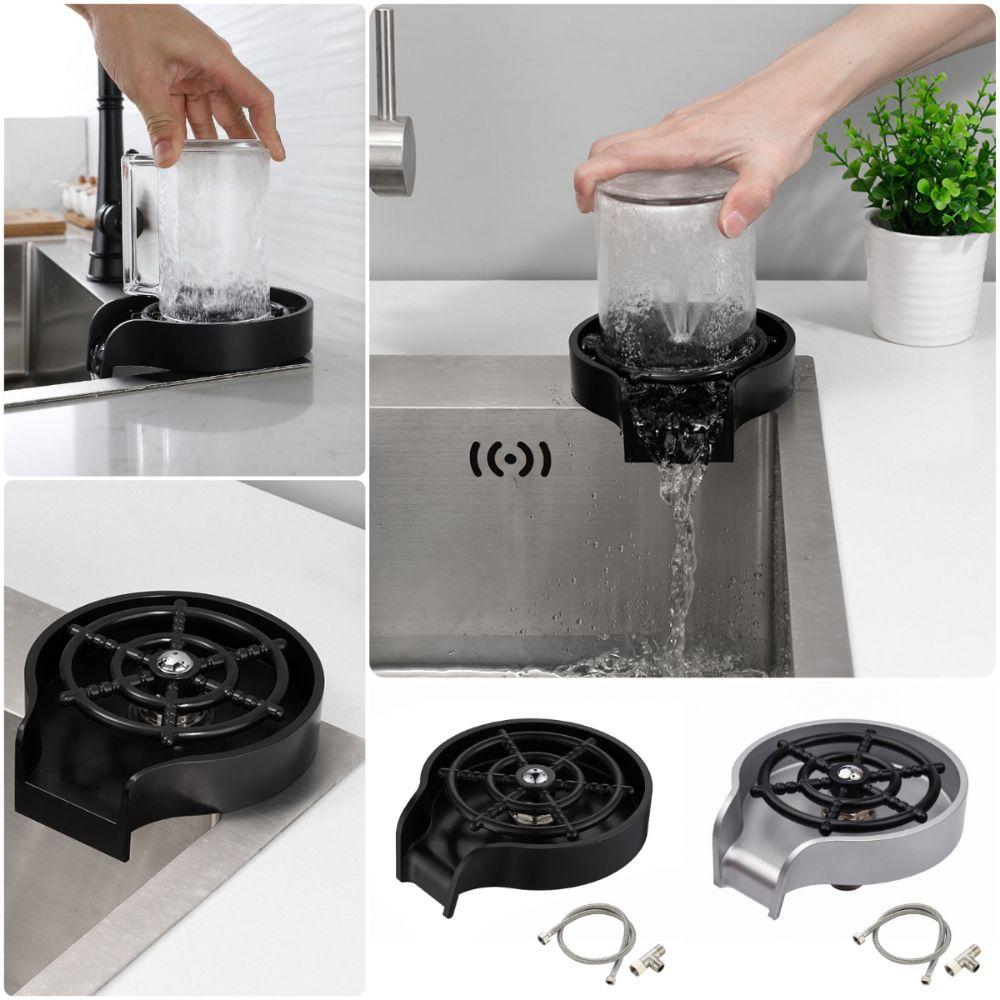 Automatic Cup Washer Black Silver Sink Water Bottle Washer Durable Cup Rinser For Kitchen Sink