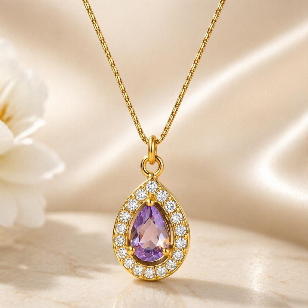 18K Gold Plated Zirconia Water Drop Pendant Necklace for Women In European Style