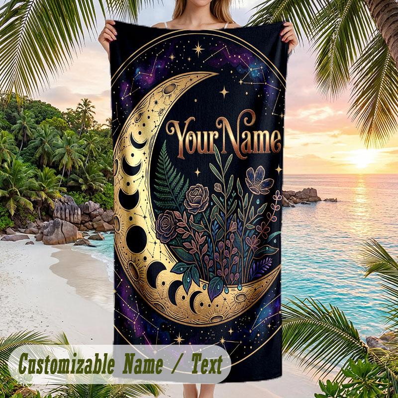 Moonlit Garden Dreams Theme Quick Dry Beach Towel Custom Name Text Print Large Sand Resistant Towel Beach Vacation