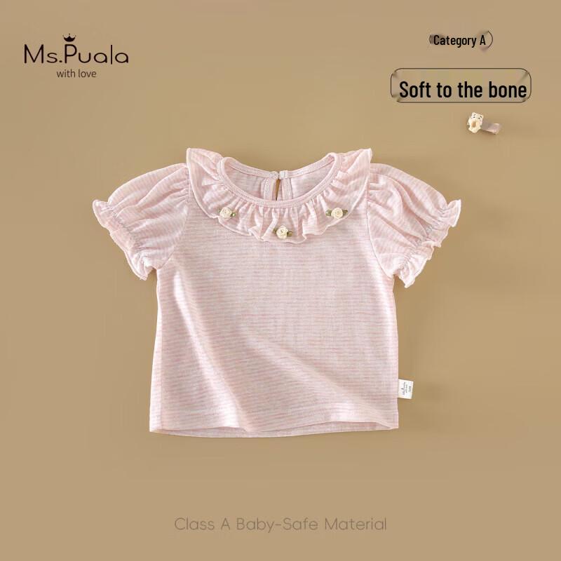 MS.PUALA Baby Girl Striped Petal Collar Short Sleeve T-Shirt 73cm (68-74cm) розовый