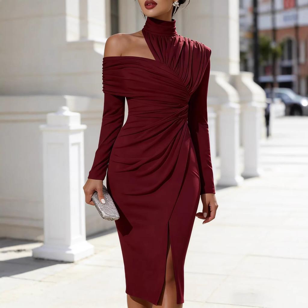 European and American Spring New Solid Color Elegant Fashion Casual Off-the-shoulder Split Women's Dress