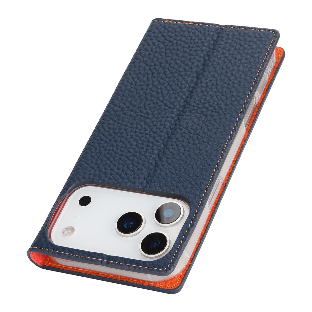 For iPhone 17 Pro Max Wallet Case Genuine Cow Leather Phone Cover Litchi Texture