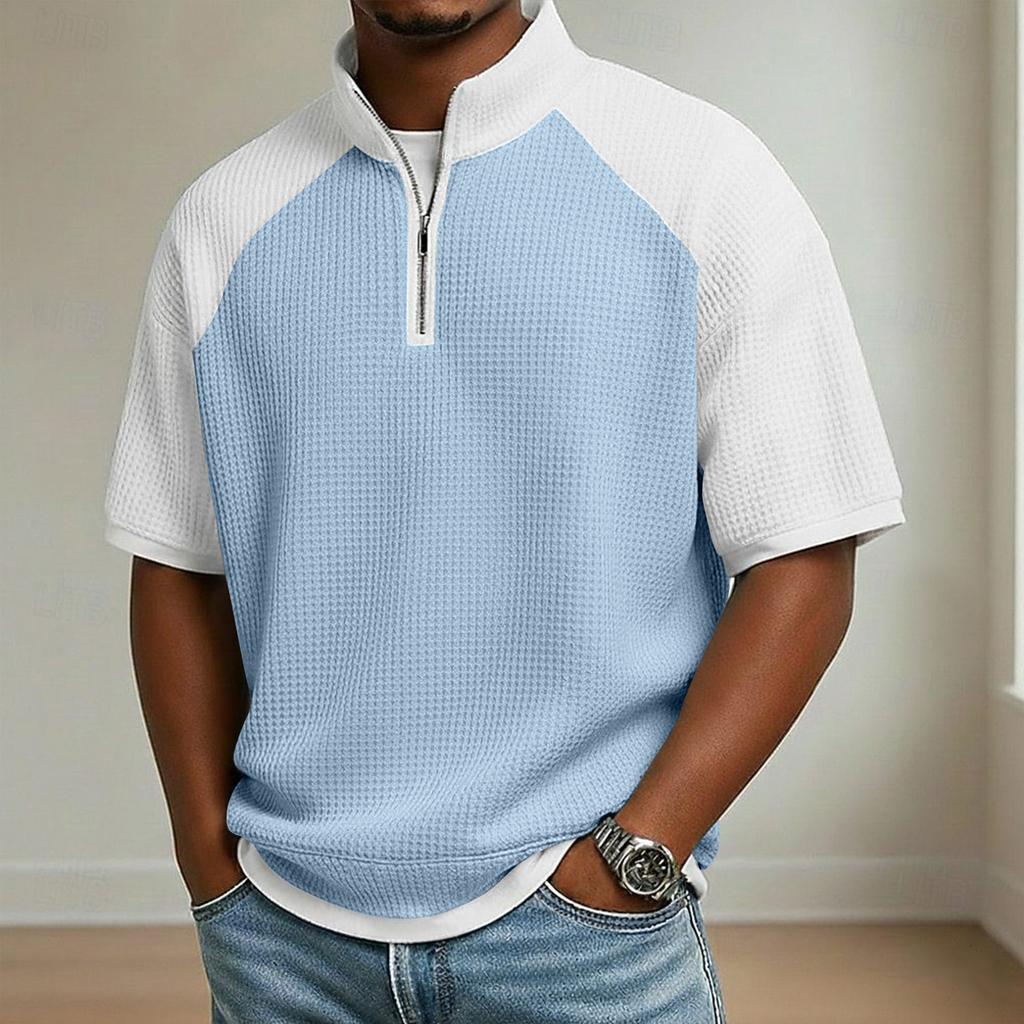 Men's Stand Collar Half Zipper Raglan Sleeve Color Block Casual Short-Sleeve Top