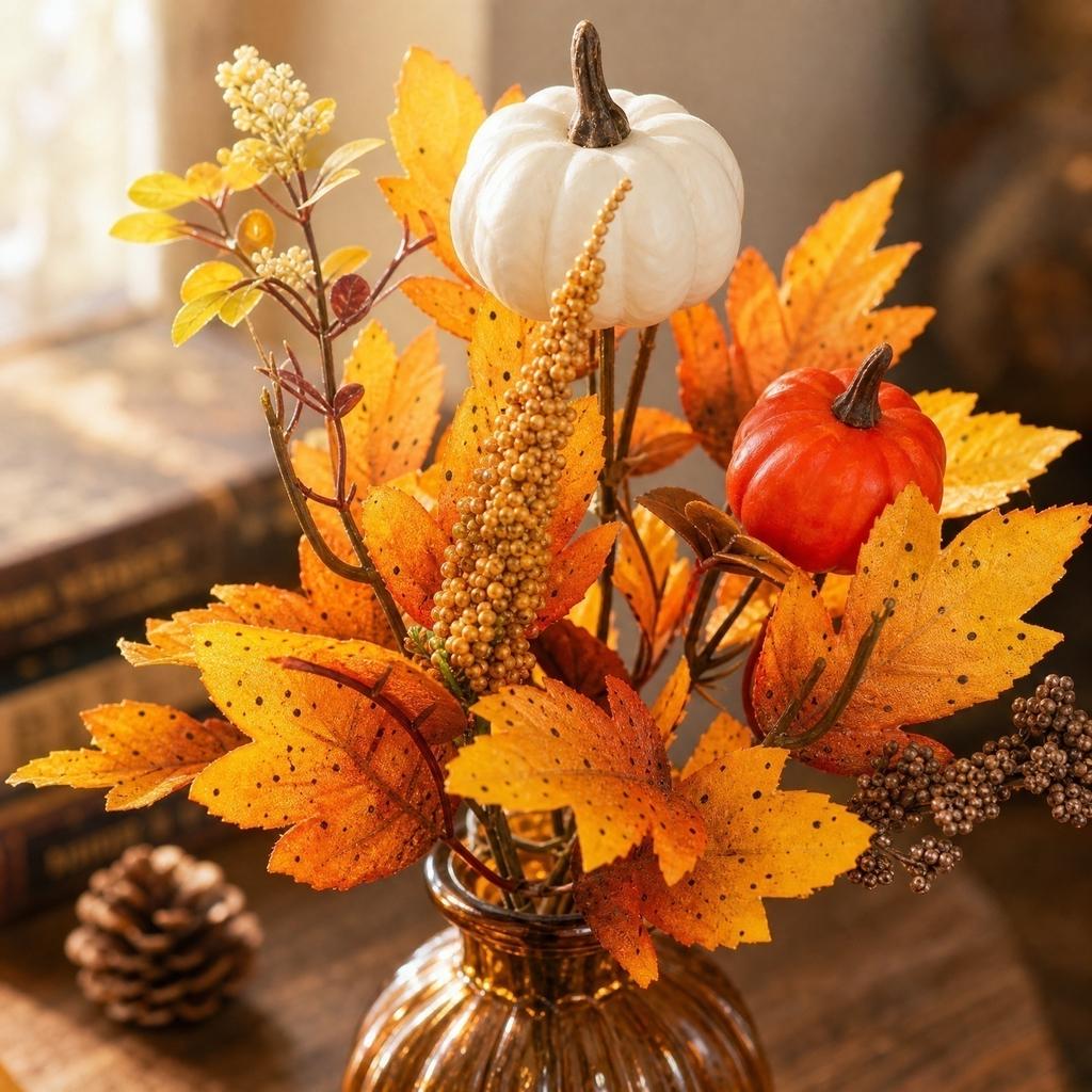 12pcs Fall Floral Picks 7 5 9 5 Inch Pumpkin Picks Maple Leaf Stems Artificial Fall Flower for Halloween Thanksgiving DIY Table Centerpiece Home Decor