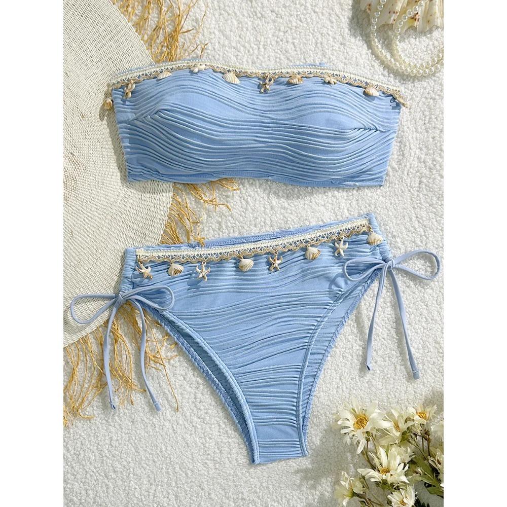 XS - XL Bandeau Wrinkled High Cut Bikini Women Swimwear Female Swimsuit Two-pieces Bikini Set Shell Bather Bathing Suit Swim