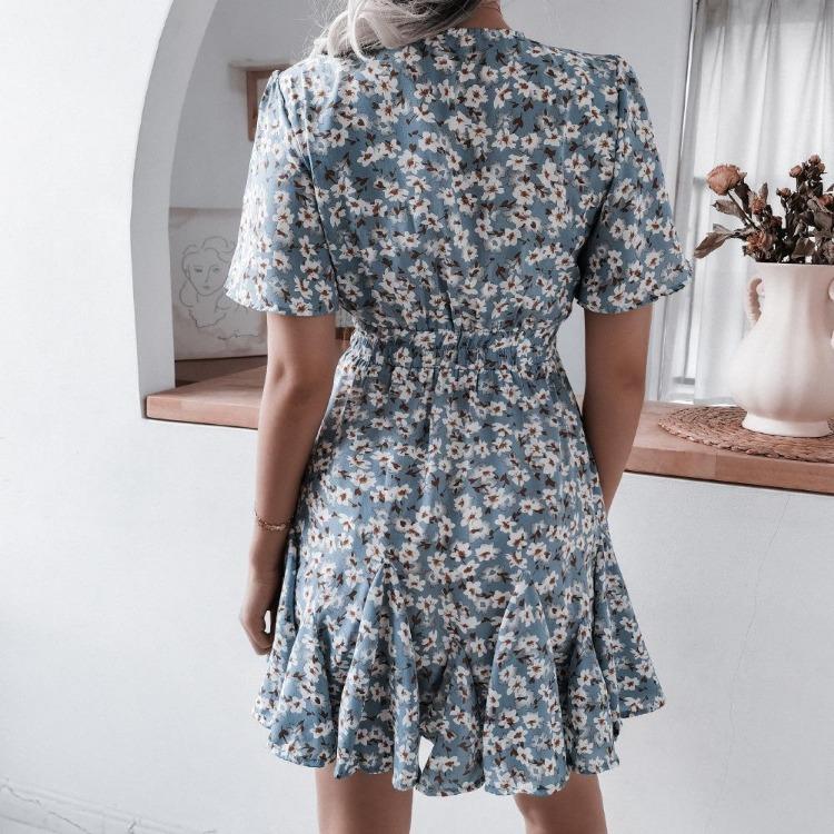 Floral Printed Women's Summer Dress Chic V Neck Short Sleeve A Line Ruffled Pleated