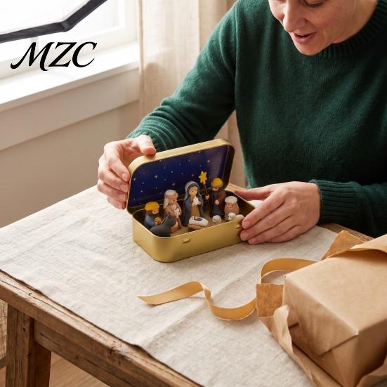 Mini Holy Night Figures Christmas Nativity Set in Tin Box, Hand-Painted Resin Scene Family Figurines, Portable Religious Tabletop Decor, Christian