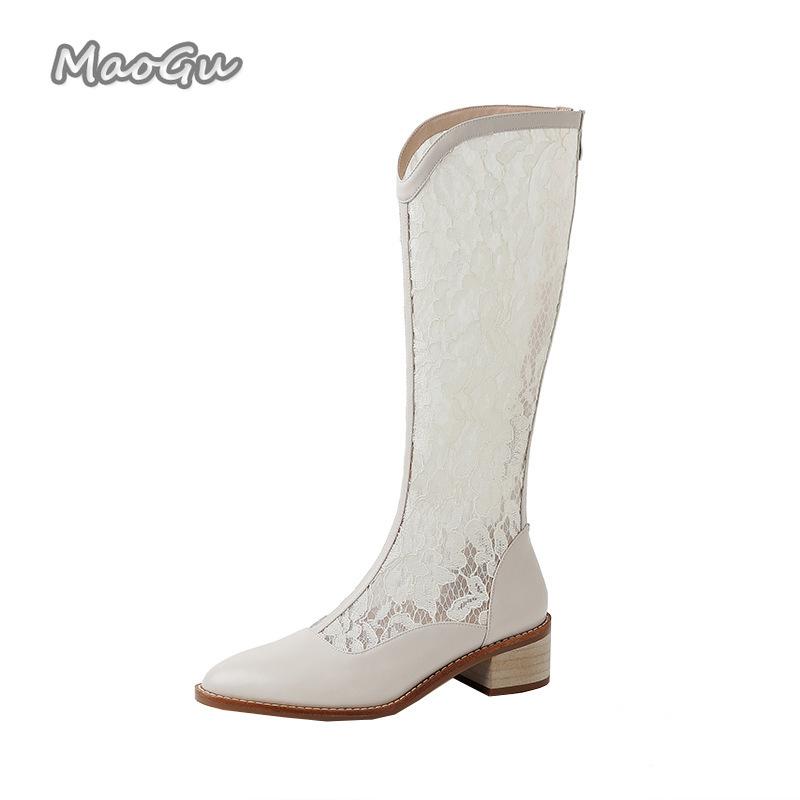 Fashion Woman Fashion Lace Flower Boots Thick Heel Pointed Toe Mid-calf Boots Female Footwear Summer Size 41 Breathable Botas De Mujer