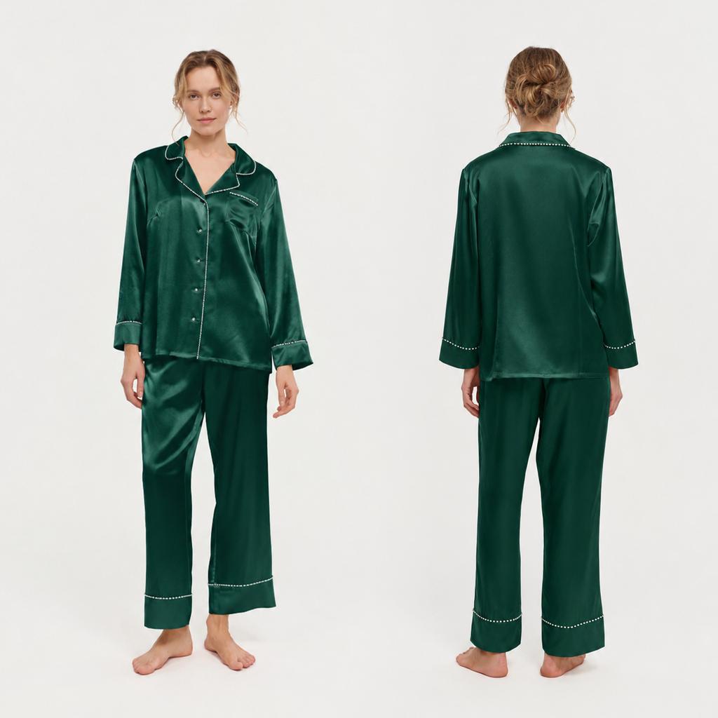 100% mulberry silk pajamas women's summer high-end long-sleeved trousers two-piece set of silk heavy silk pajamas loungewear