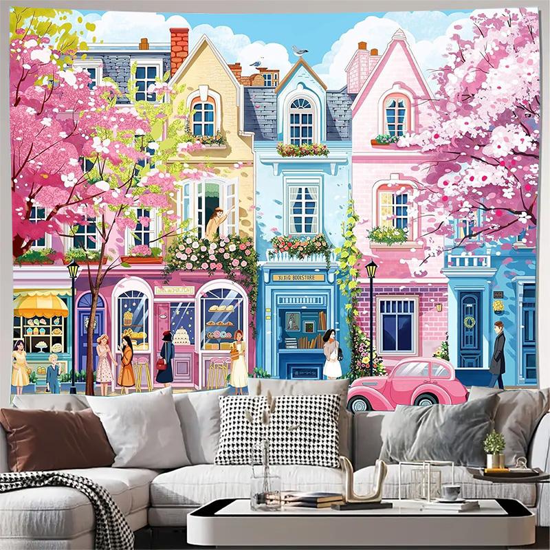Colorful Spring Town Cherry Blossom Street Wall Tapestry Machine Washable All Season  Print Vintage European Style Design Home
