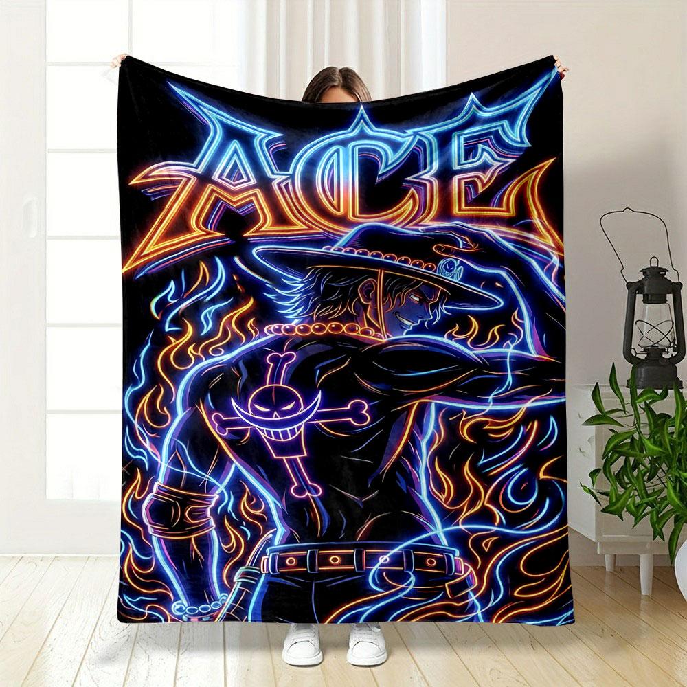 Neon Flames Outline a Figure with a Hat and Skull Tattoo, Text ACE. for All Seasons Blanket Lunch Break Throw Gift 75X95CM